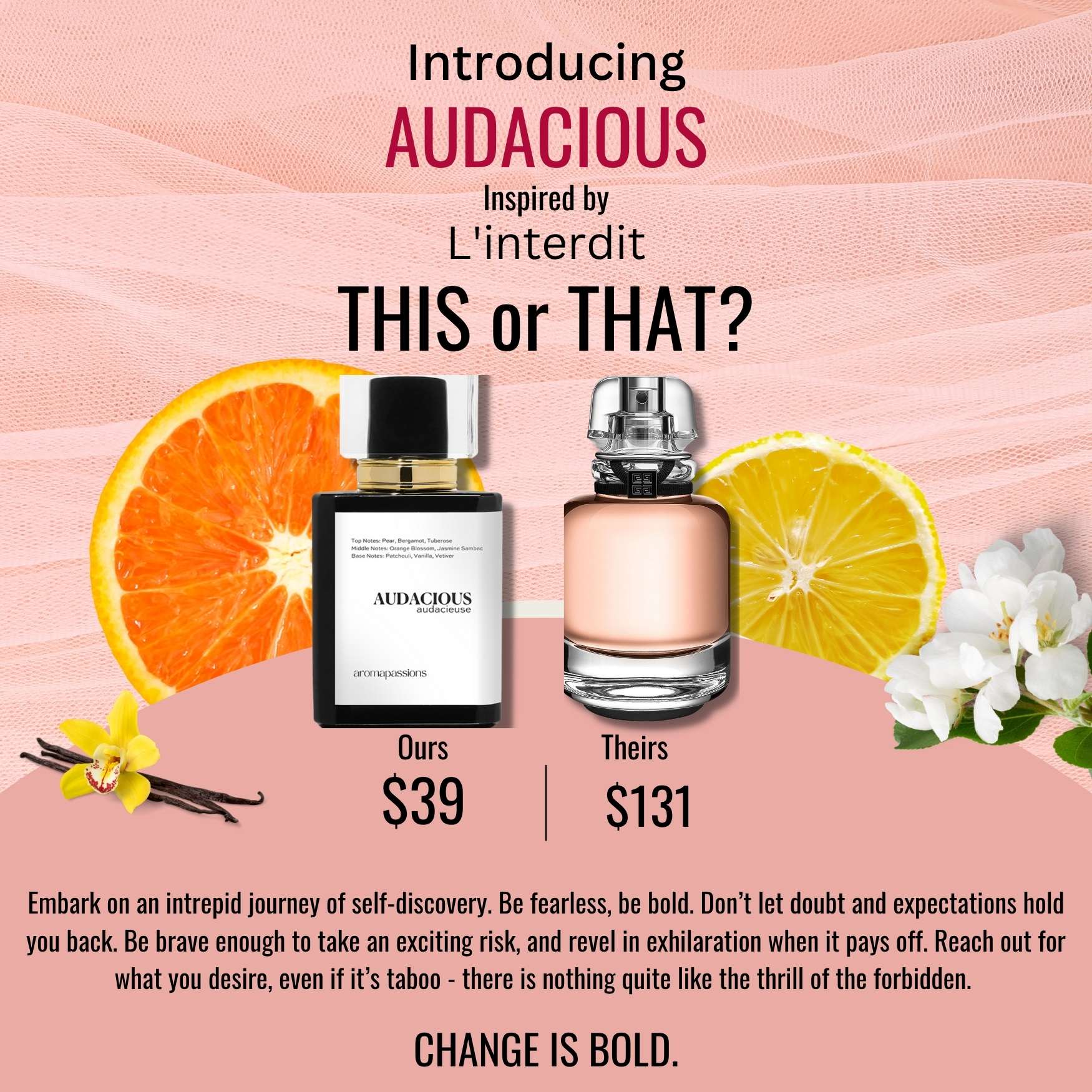AUDACIOUS | Inspired by GIVNCHY LINTERDIT | L'Interdit Dupe Pheromone Eau De Parfum | Orange Blossom Jasmine Patchouli Vanilla Vetiver Essential Oils - aromapassions