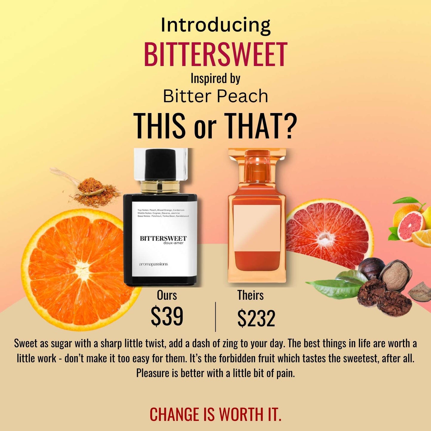 BITTERSWEET | Inspired by TOM FORD BITTER PEACH | Bitter Peach Dupe Pheromone Perfume | Peach Davana Scent Notes | Cardamom Nutmeg Jasmine Patchouli Sandalwood Essential Oils - aromapassions