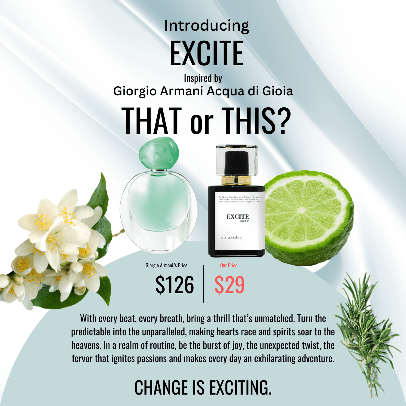 EXCITE | Inspired by GIORGIO ARMANI ACQUA DI GIOIA | Aqua di Gioia Dupe Pheromone Perfume - aromapassions