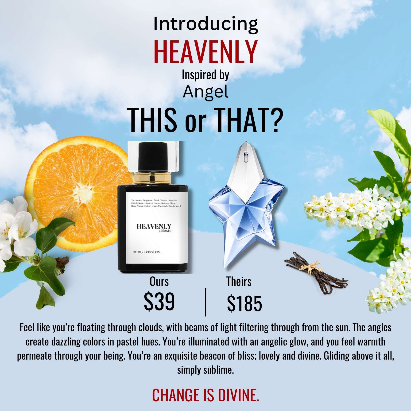 HEAVENLY | Inspired by MUGLER ANGEL | Mugler Angel Shooting Star Dupe Pheromone Perfume | Vanilla Patchouli Bergamot Currant Jasmine Nutmeg Orange Essential Oils - aromapassions