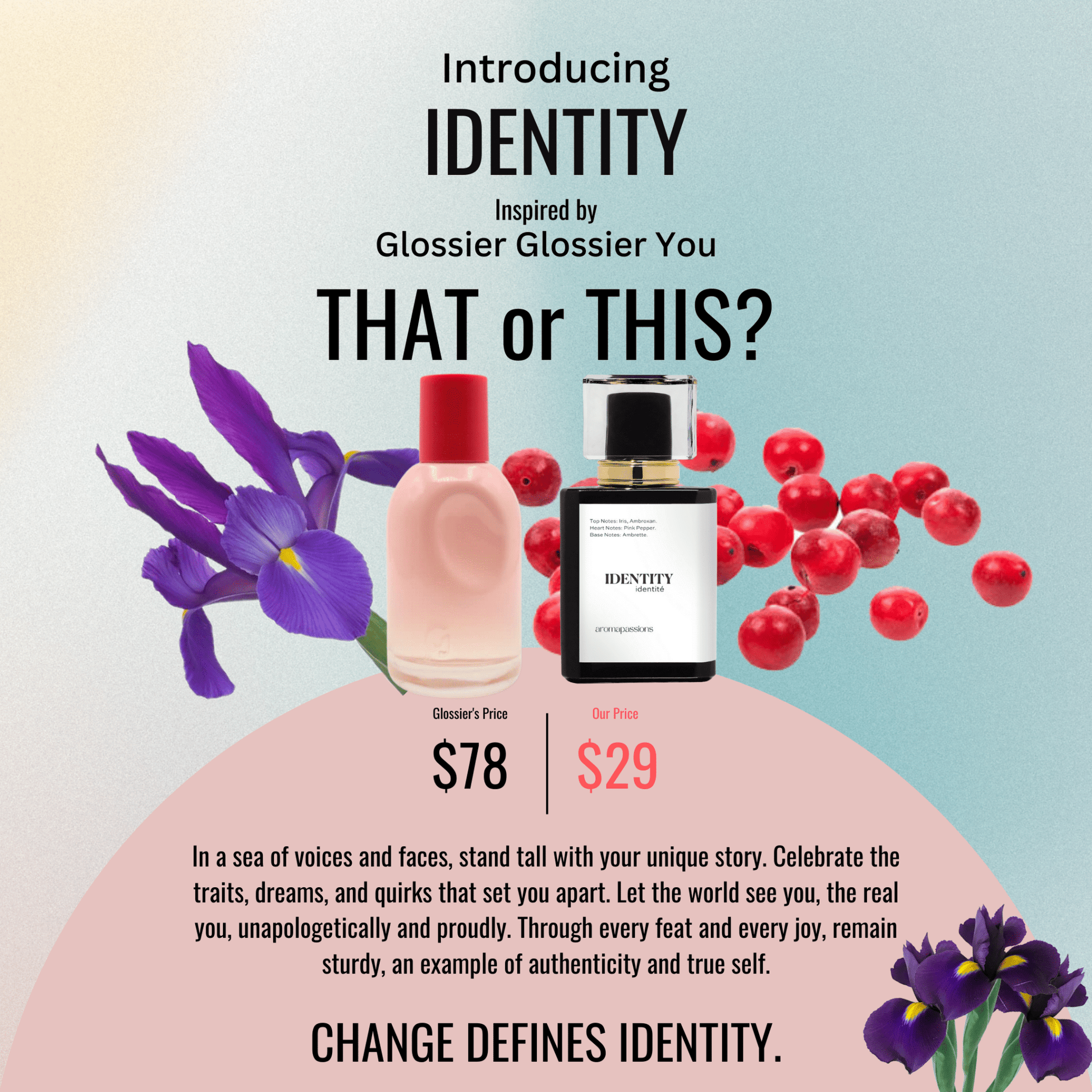 IDENTITY | Inspired by GLSR. YOU | Iris Pink Pepper Ambrette Essential Oils | Glossier You Dupe Pheromone Perfume - aromapassions