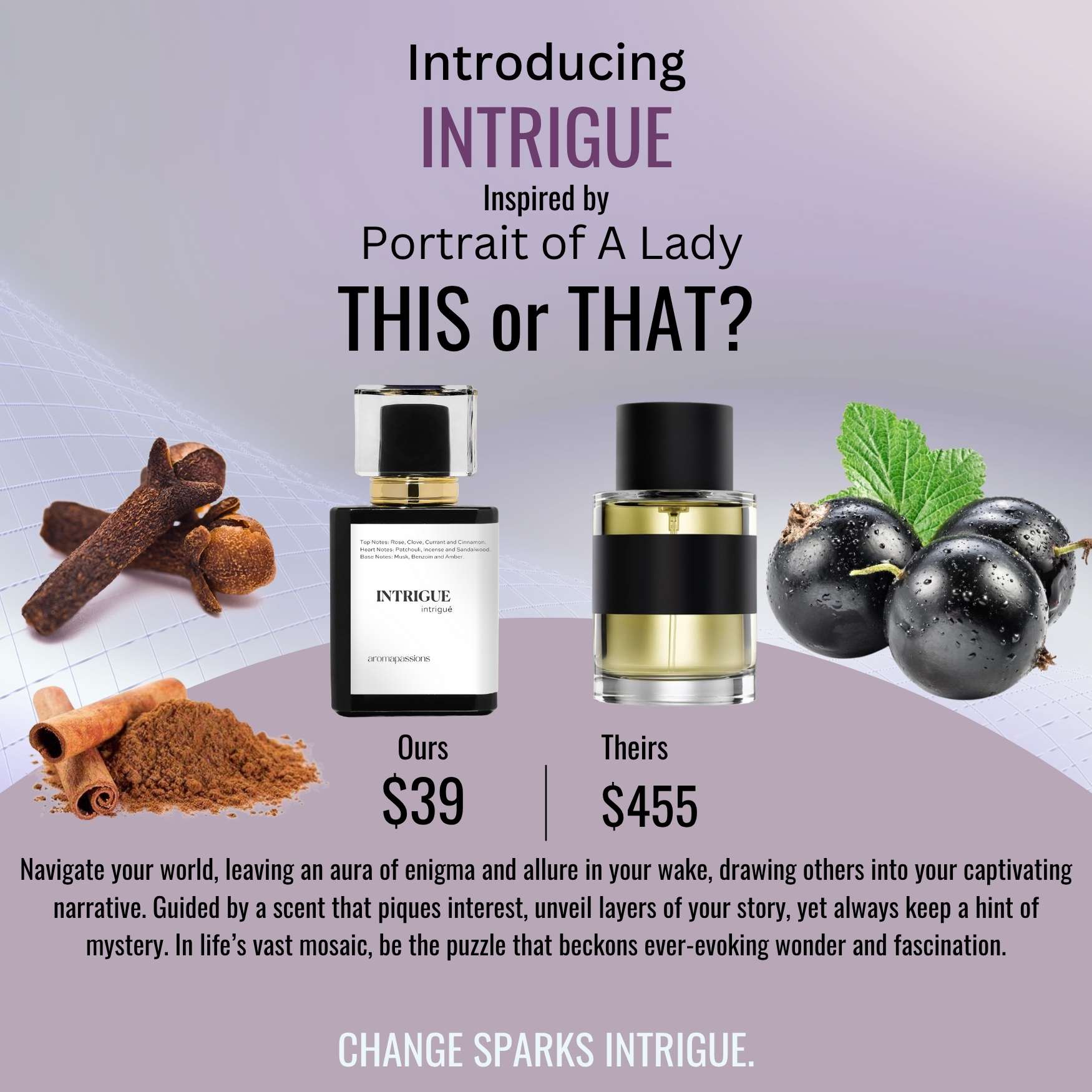 INTRIGUE | Inspired by FREDERIC MALLE PORTRAIT OF A LADY | Rose Clove Raspberry Cinnamon Patchouli Sandalwood Essential Oils | Portrait of a Lady Dupe Pheromone Perfume - aromapassions