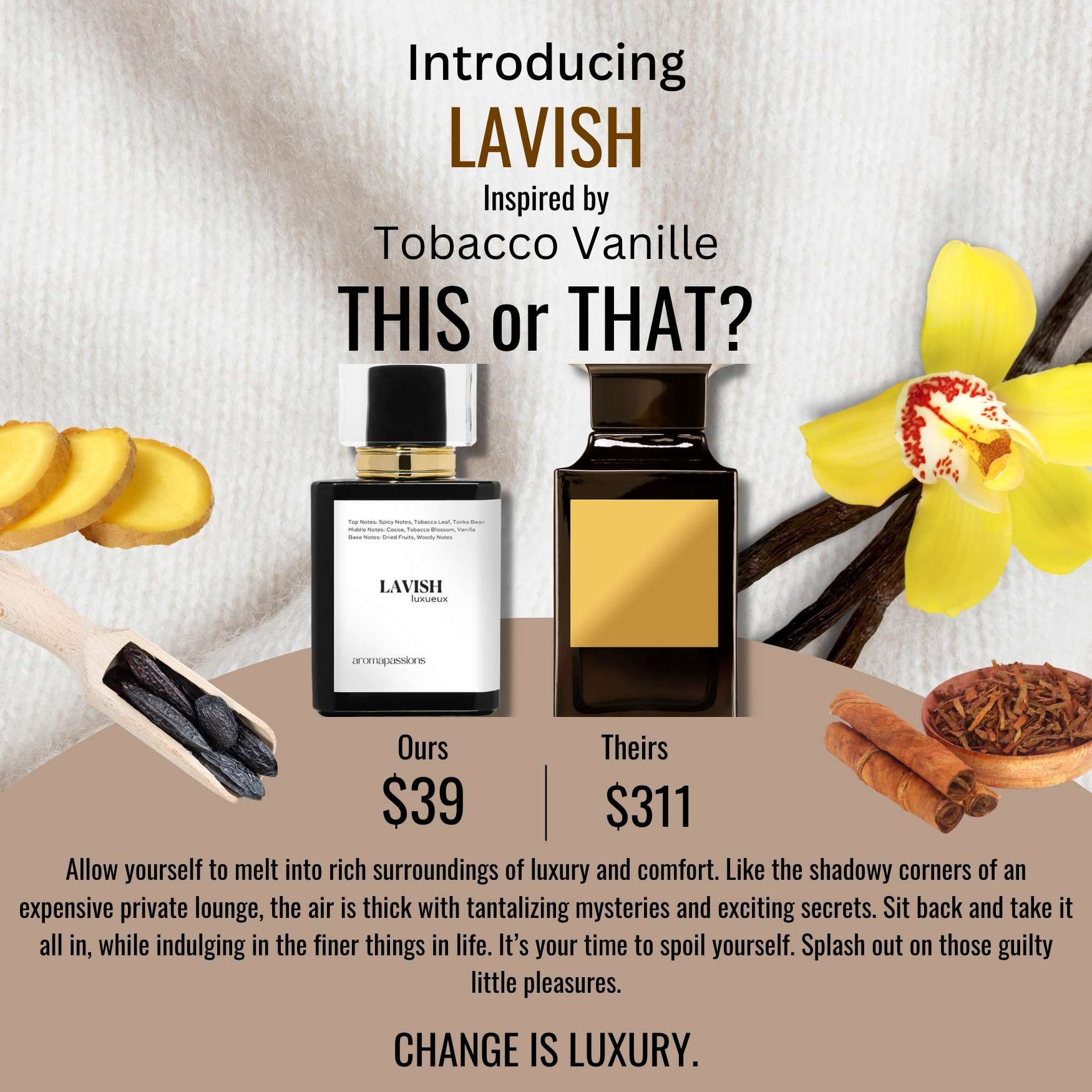 LAVISH | Inspired by TOM FORD TOBACCO VANILLE | Tobacco Vanille Dupe Pheromone Men Women Perfume | Nutmeg Patchouli Ginger Vanilla Tonka Bean Essential Oils - aromapassions