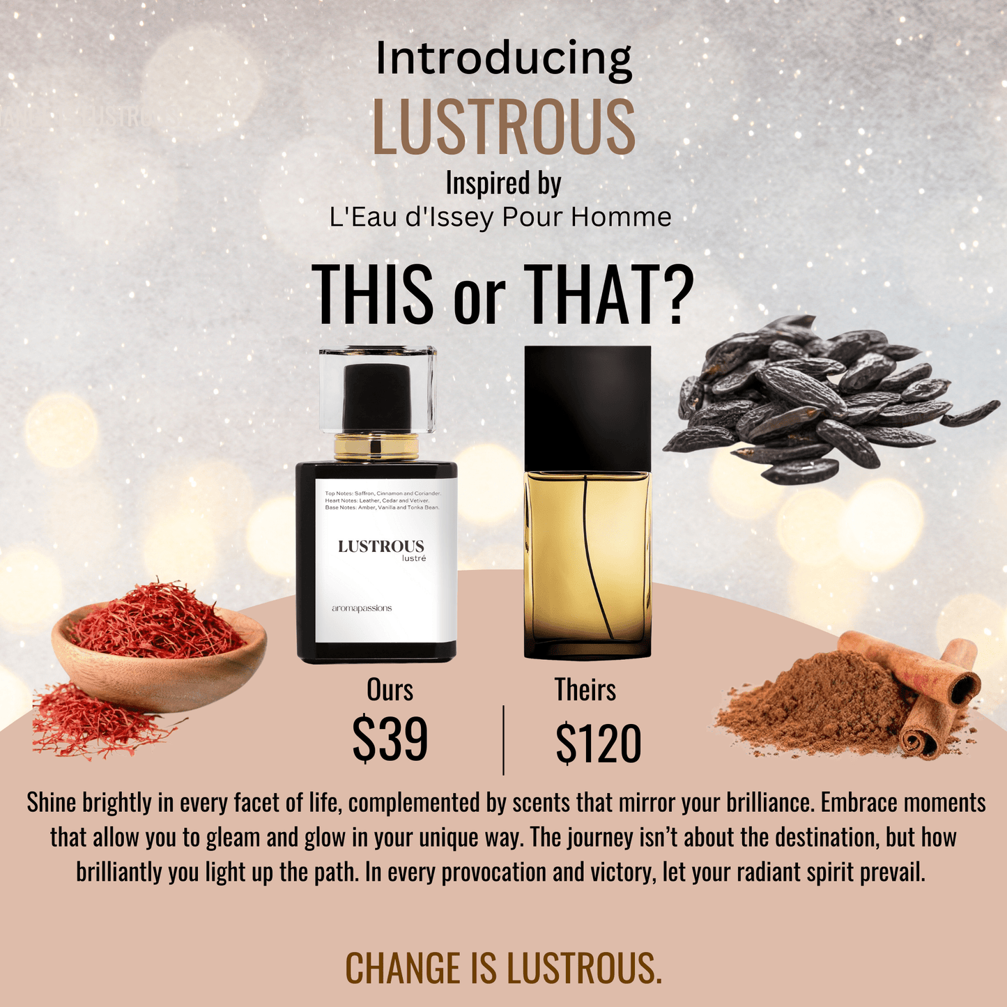 LUSTROUS | Inspired by ISSEY MIYAKE L'EAU D'ISSEY POUR HOMME NOIR AMBRE | L'Eau D'Issey Pour Homme Dupe Pheromone Men Perfume | Nutmeg Coriander Cedar Papyrus Vetiver Amber Vanilla Tonka Bean Essential Oils - aromapassions