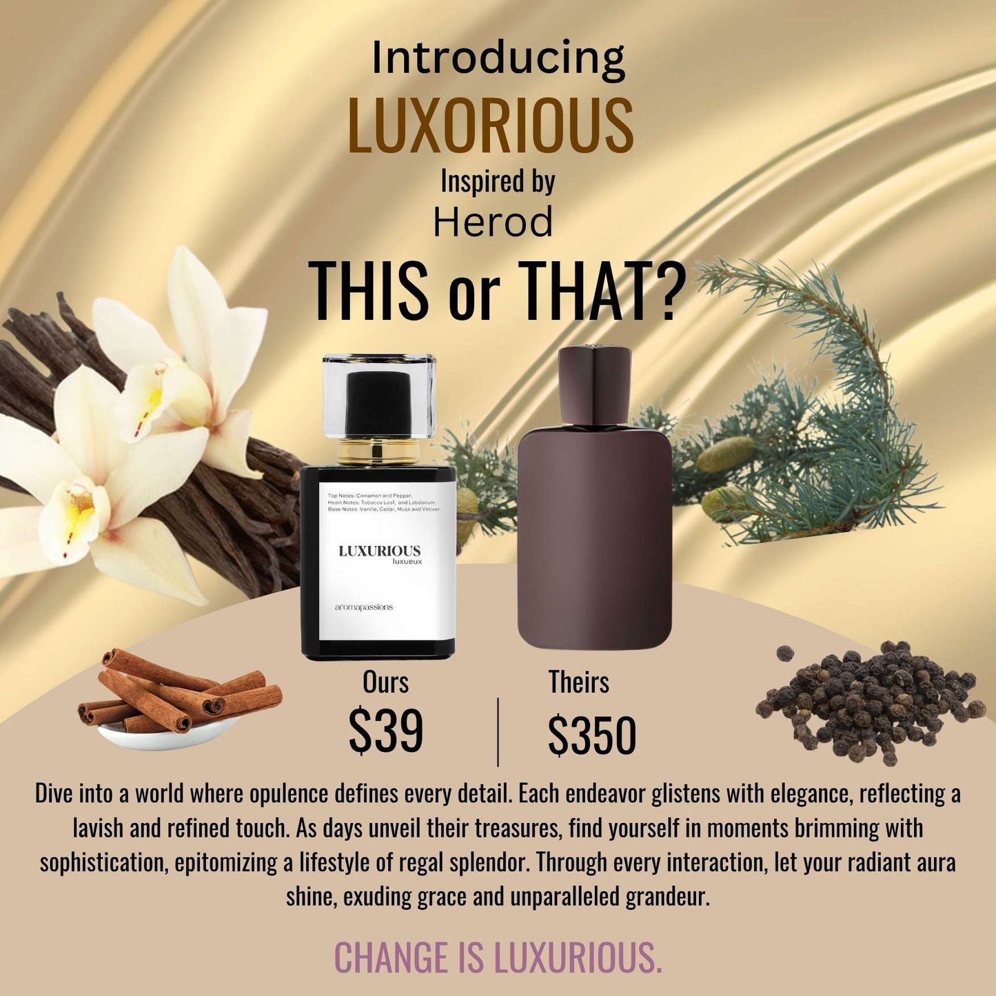 LUXURIOUS | Inspired by PARFUMS DE MARLY HEROD | Cinnamon Labdanum Vanilla Cedar Cypriol Vetiver Essential Oils | Herod Dupe Pheromone Perfume - aromapassions