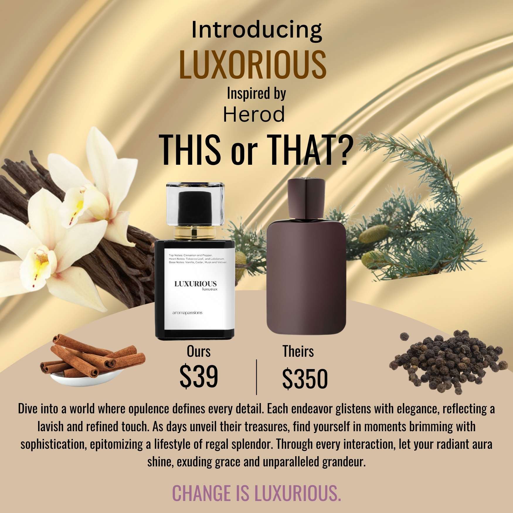 LUXURIOUS | Inspired by PARFUMS DE MARLY HEROD | Cinnamon Labdanum Vanilla Cedar Cypriol Vetiver Essential Oils | Herod Dupe Pheromone Perfume - aromapassions