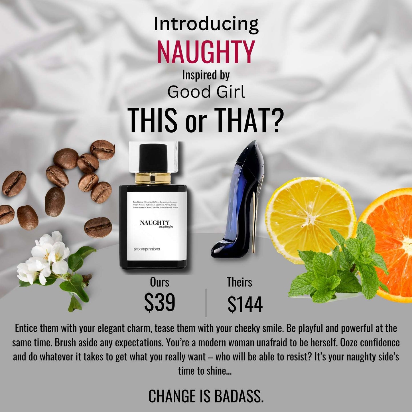 NAUGHTY | Inspired by CH GOOD GIRL | Good Girl Dupe Pheromone Ladies Perfume | Jasmine Rose Sandalwood Essential Oils | - aromapassions