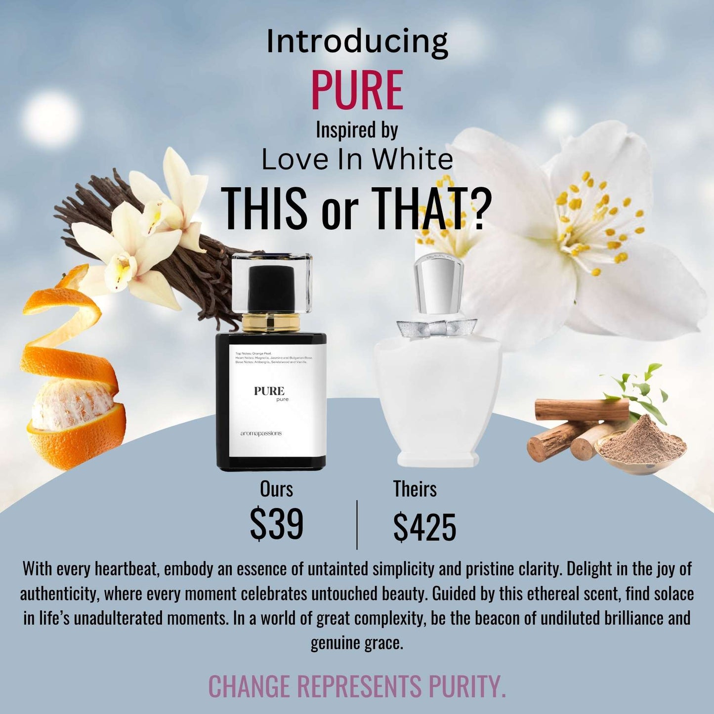 PURE | Inspired by CREED LOVE IN WHITE | Narcissus Italian Jasmine Bulgarian Rose Sandalwood Vanilla Essential Oils | Love in White Dupe Pheromone Perfume - aromapassions