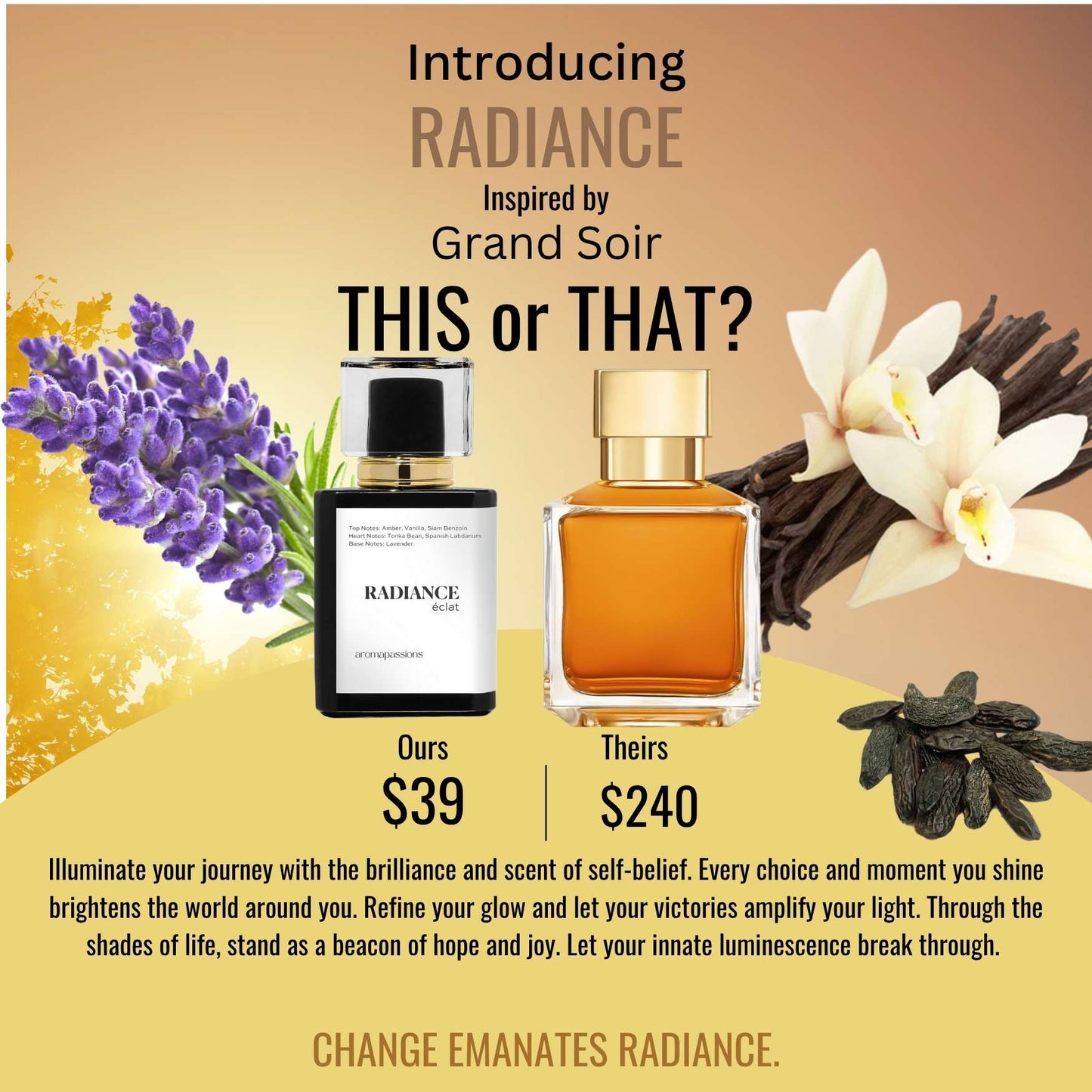 RADIANCE | Inspired by MFK GRAND SOIR | Grand Soir Dupe Pheromone Men Women Perfume | Amber Vanilla Tonka Bean Lavender Essential Oils - aromapassions