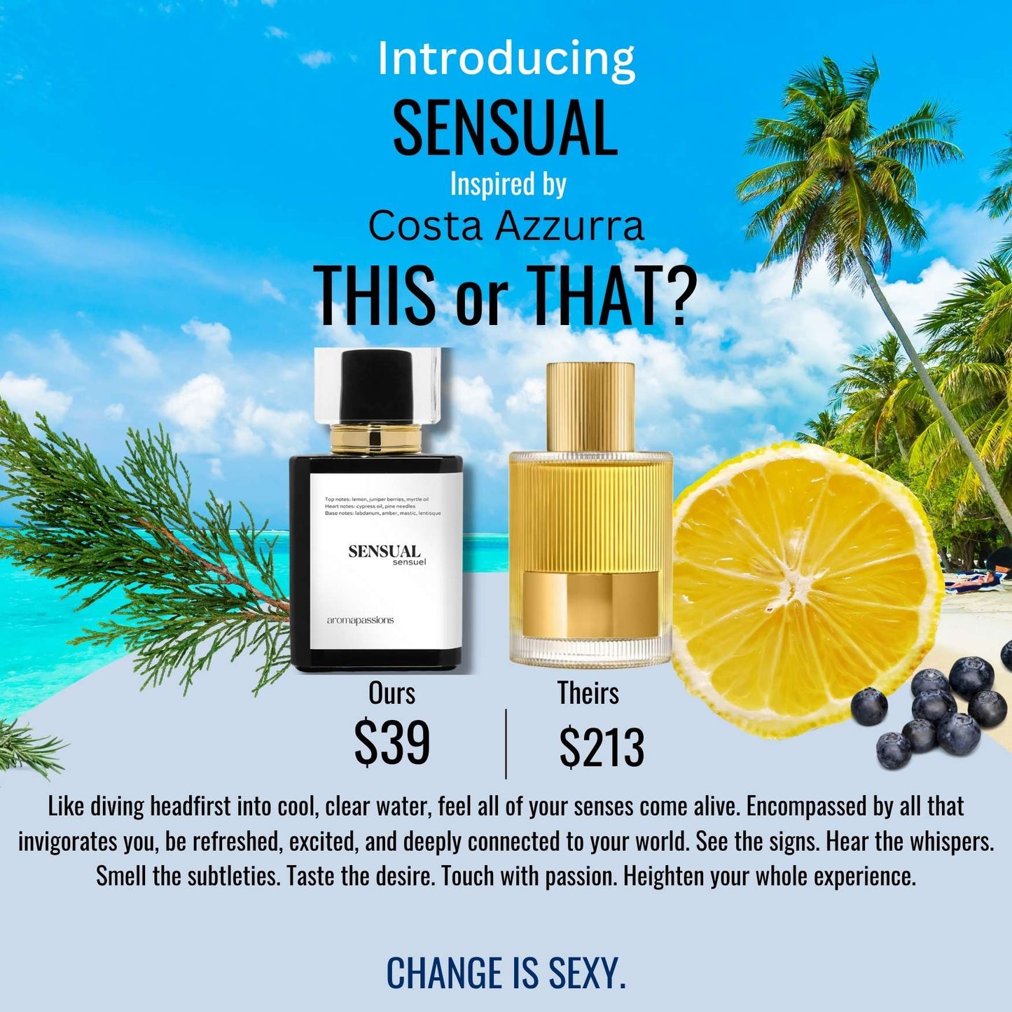 SENSUAL | Inspired by Tom Ford COSTA AZZURRA | Costa Azzurra Eau De Parfum Dupe Pheromone Perfume | Lemon Rosemary Essential Oils - aromapassions
