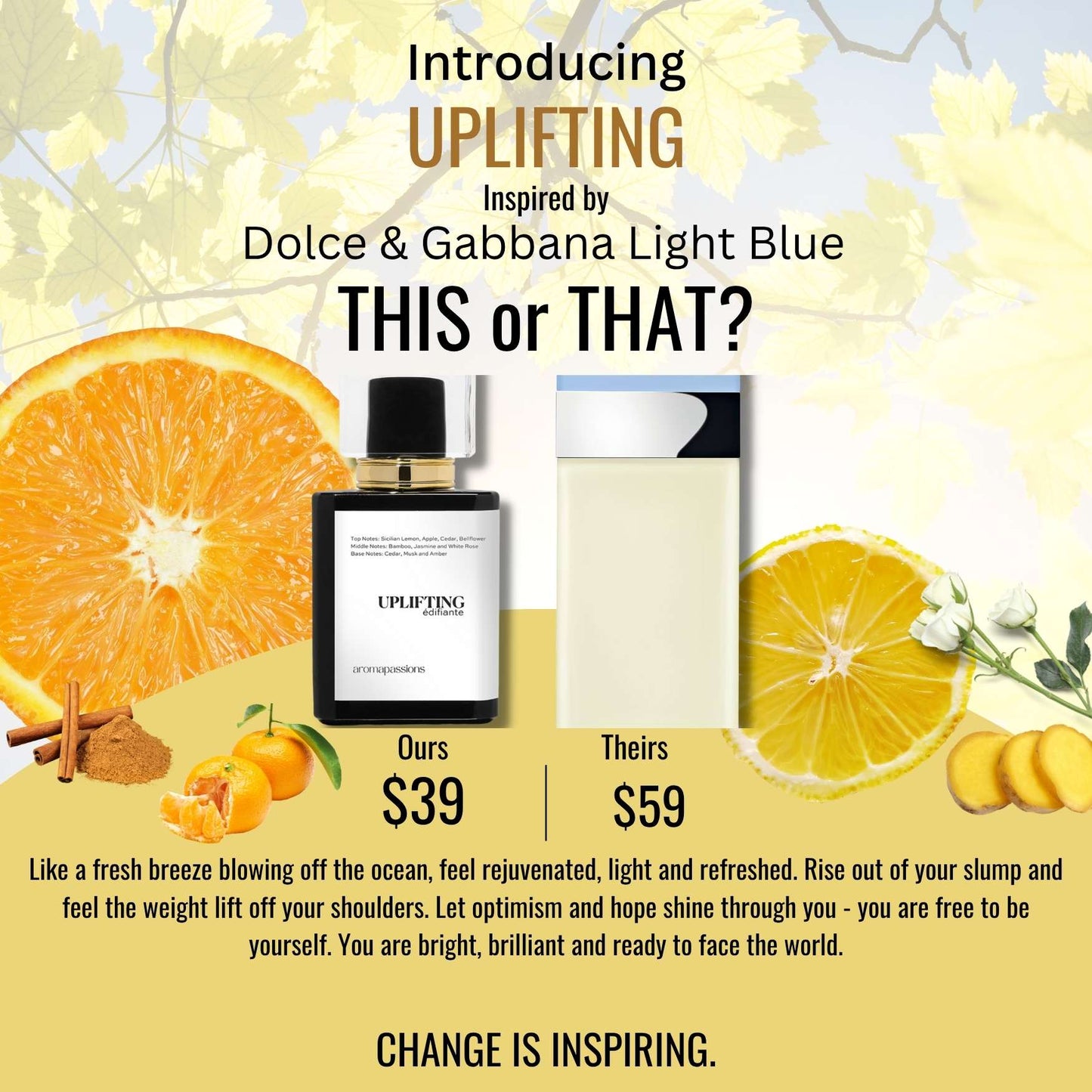 UPLIFTING | Inspired by DG LIGHT BLUE | Lemon Ginger Cinnamon Lemon Rose Jasmine Essential Oils| Light Blue Dupe Pheromone Perfume - aromapassions